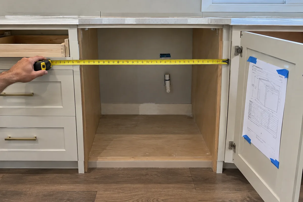 A tape measure held across an appliance opening between two cabinets with a spec sheet taped inside the next door