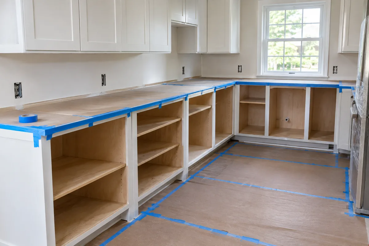 A run of sound cabinet boxes with the doors off, masked and ready for new fronts