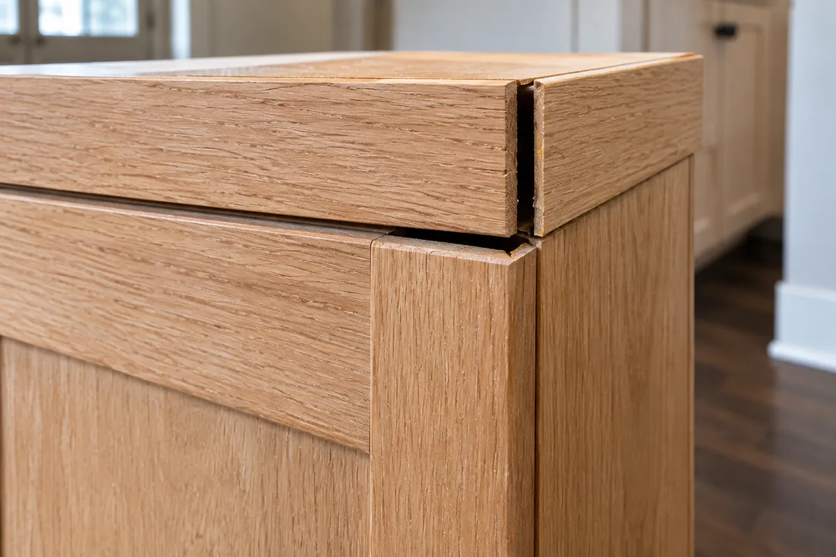A close view of a cabinet face frame where the glued corner joint has opened into a visible gap