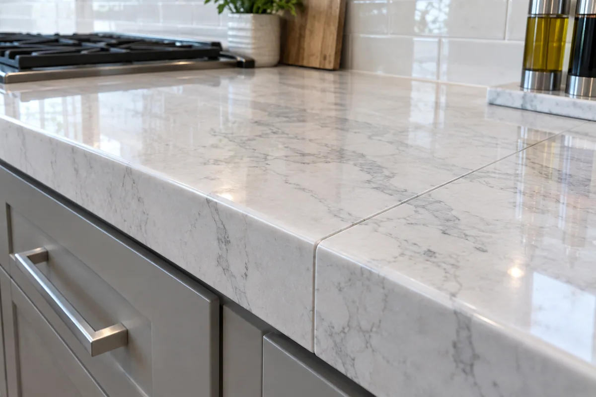 A close low view of the seam where two stone countertops meet on a long run