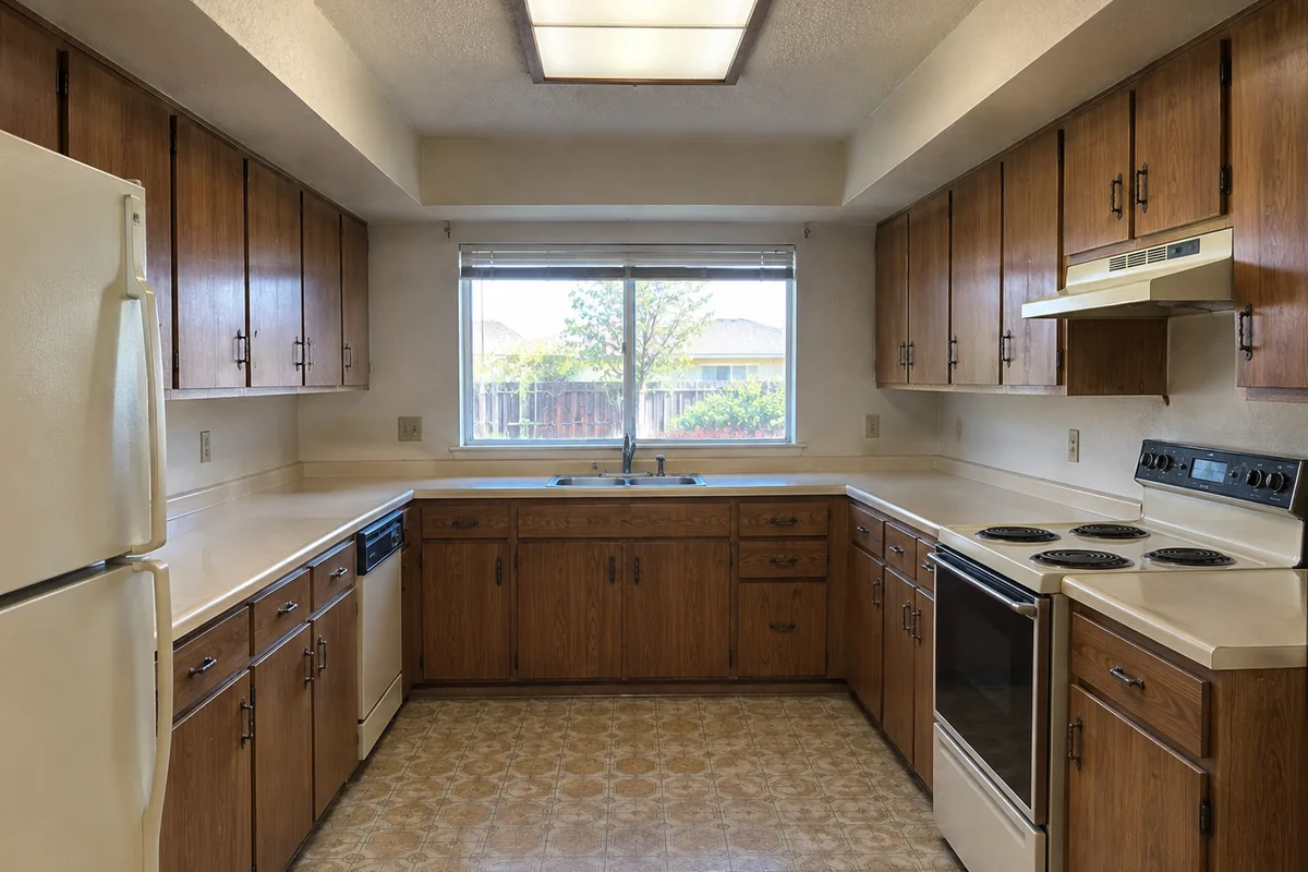 A dated tract house kitchen with dark wood cabinets, a deep ceiling soffit and a fluorescent box light