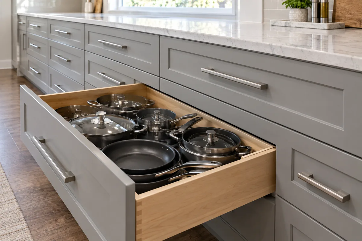 A base cabinet run of drawers with one pulled open, packed with pots and pans