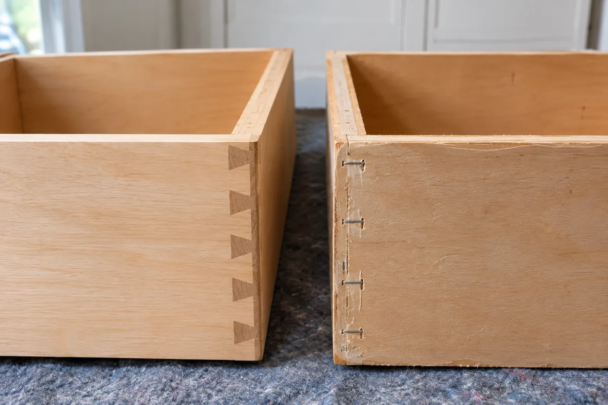 Two drawer boxes side by side, one joined with dovetails and one held with staples