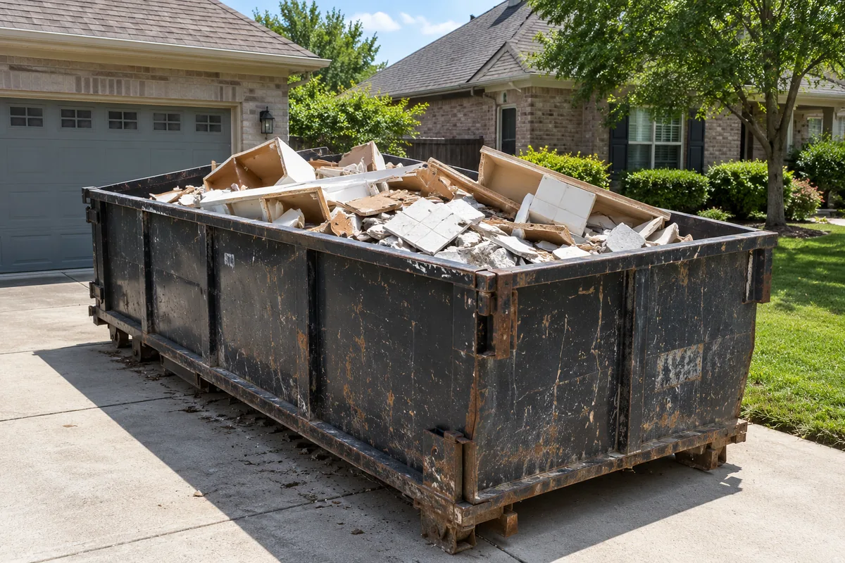 A roll off dumpster in a driveway half filled with kitchen demolition debris and broken tile