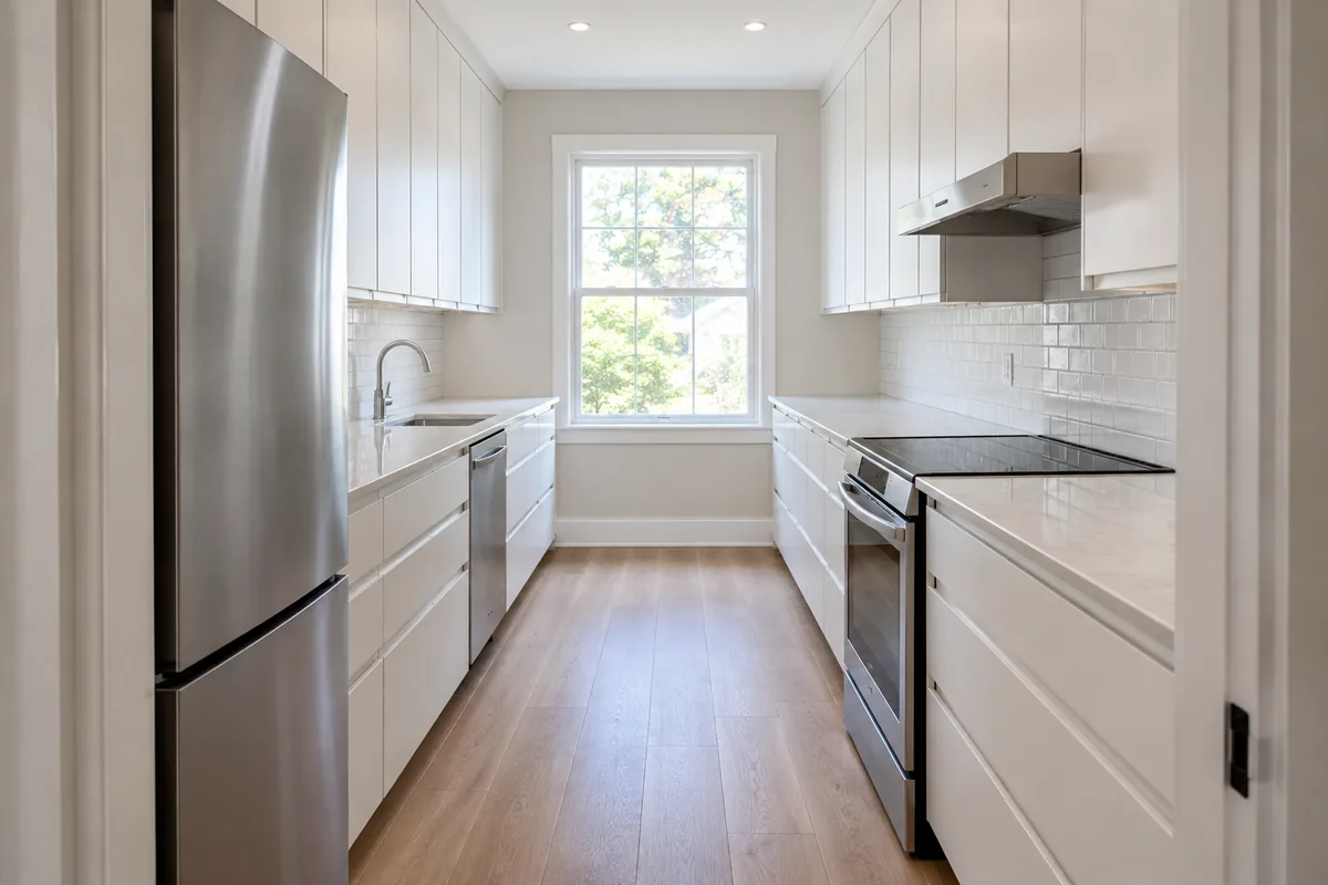 A galley kitchen seen down its length with a full counter run, drawer base cabinets and wall cabinets to the ceiling