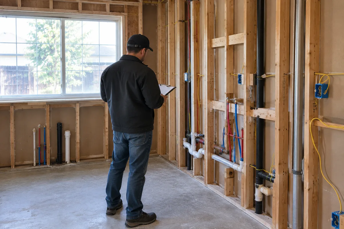 A person with a clipboard reading a wall of rough plumbing and electrical before drywall