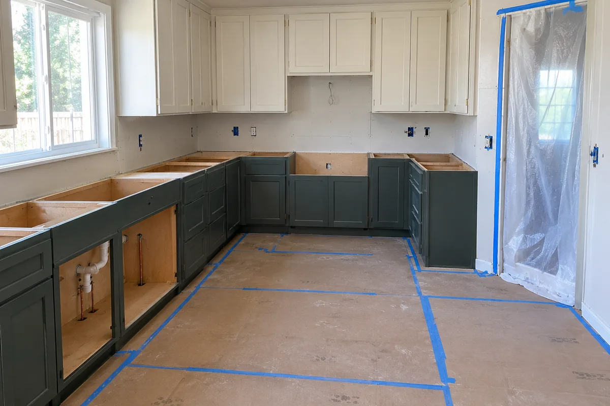 A kitchen partway through demolition with the countertop gone and the sink drain stubbed and capped