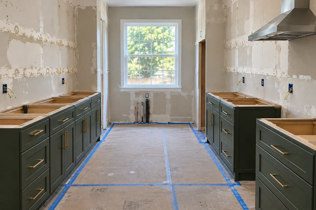 A kitchen partway through a rebuild with base cabinets in place, no wall cabinets and the floor covered in protection board