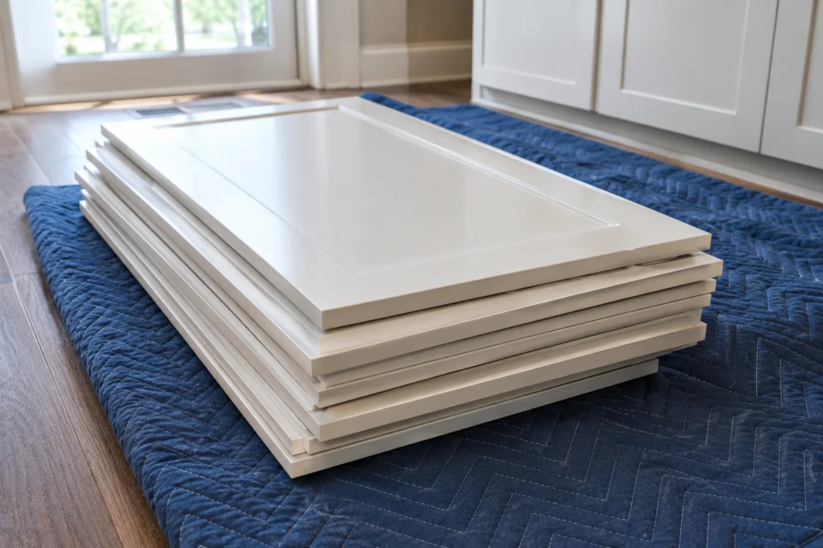 New unfitted cabinet doors stacked flat on a moving blanket