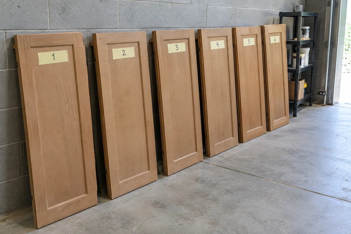 Removed cabinet doors leaning in a row against a garage wall, each numbered with masking tape