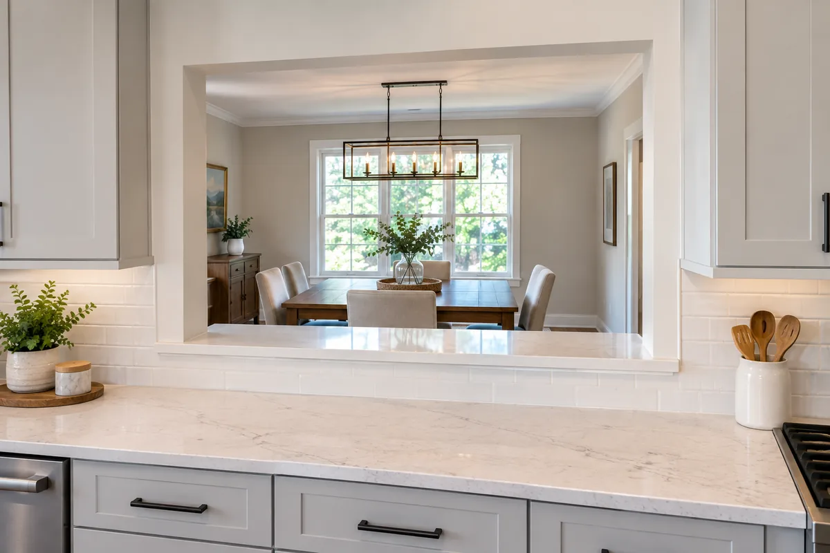 A finished pass through opening cut in a kitchen wall with the dining room visible through it