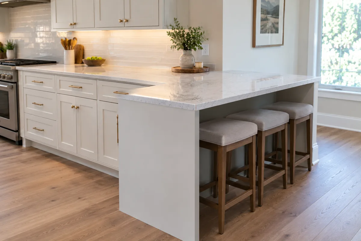 A peninsula counter off the end of a kitchen run with stools tucked underneath