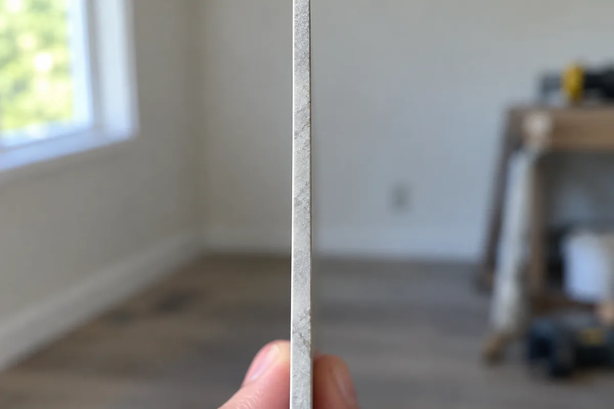 A hand holding a thin porcelain countertop panel on edge, showing how little thickness it has, in a room being remodeled