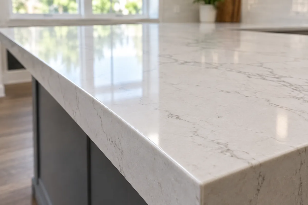 A close raking view along the polished edge of a quartz countertop with an even poreless surface