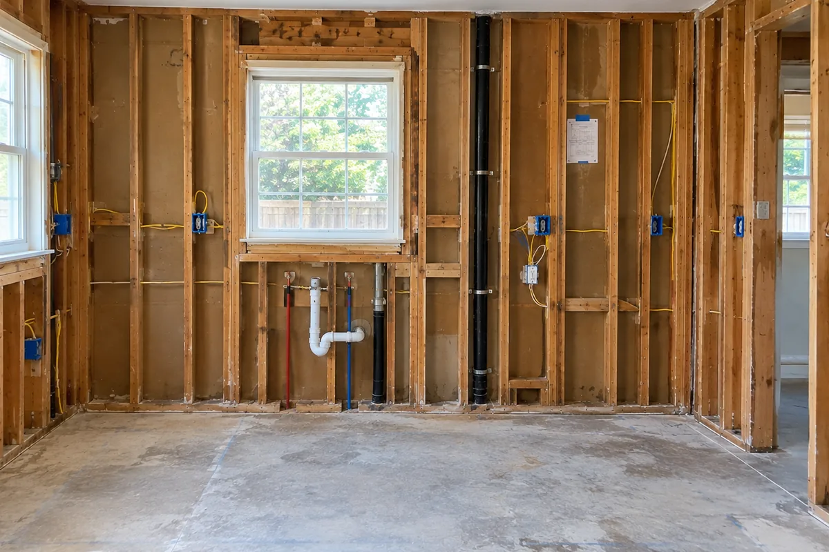 An open kitchen wall before drywall with supply lines stubbed out, electrical boxes set and wire pulled