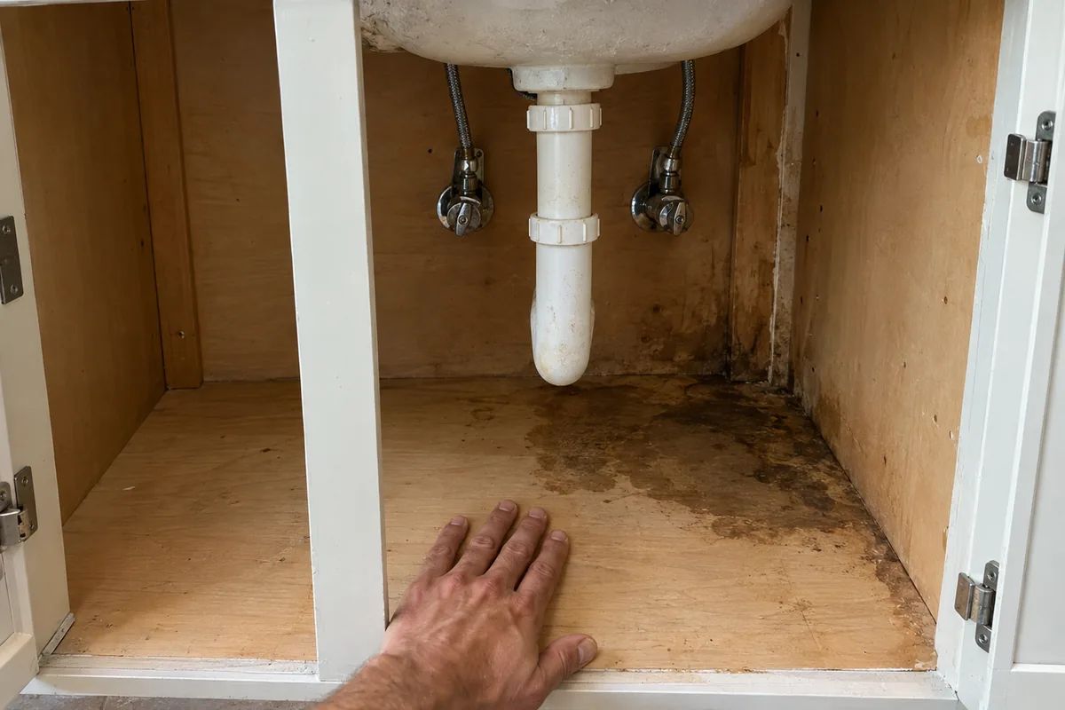 A hand pressing on the water stained floor of an emptied sink base cabinet below the drain and shutoff valves