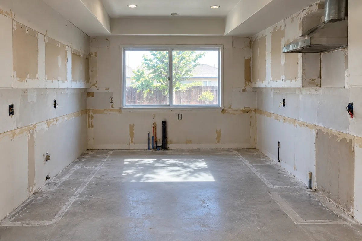 A swept concrete slab floor after the flooring came up, with faint outlines where the cabinets stood