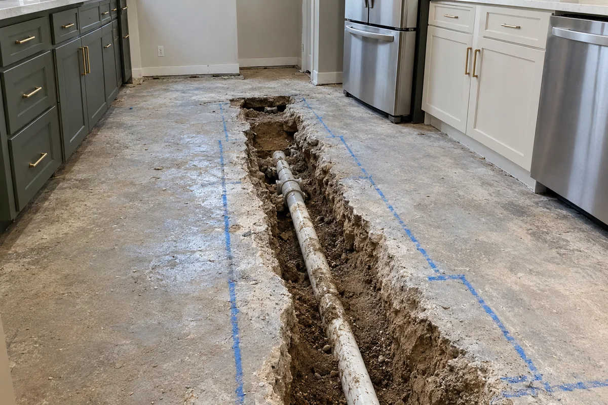 A saw cut trench opened across a kitchen slab with a drain pipe lying in the dirt and chalk marks on the concrete