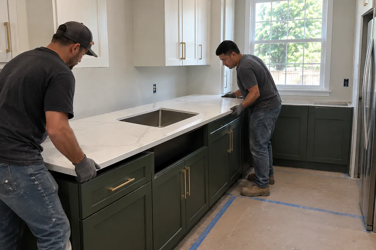 Two people lowering a stone countertop with a sink cutout onto a run of base cabinets