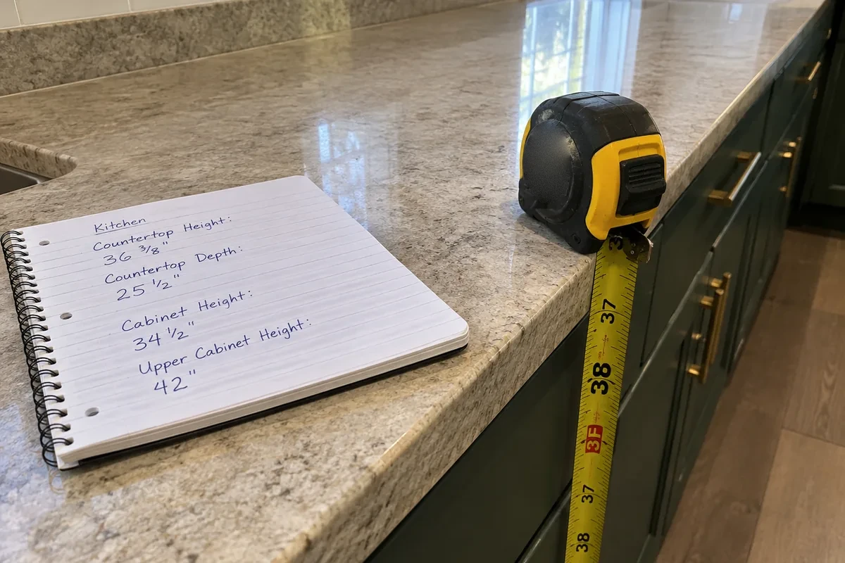 A tape measure hooked on a countertop edge beside a notebook of handwritten kitchen dimensions