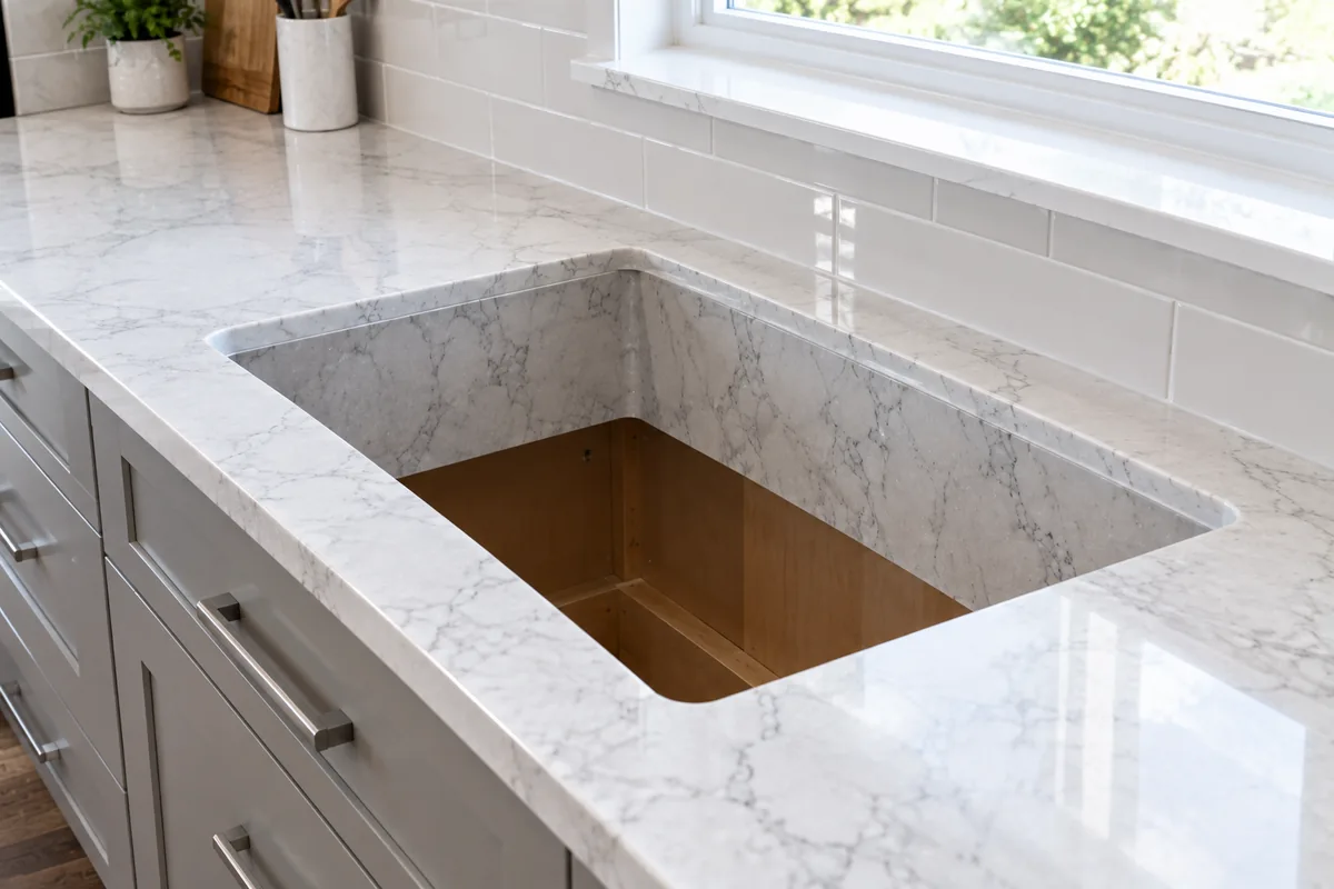 An undermount sink cutout in a stone countertop before the sink is installed, showing the polished inside edge